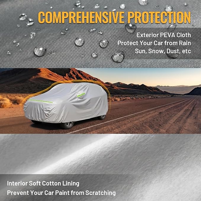 Favoto Car Cover Waterproof All Weather Windproof for SUV up to 181 Inches | UV Protection, Soft Cotton Lining, Driver Door Zipper, Reflective Strips and Storage Bag Included with Vehicle Fitment Silver