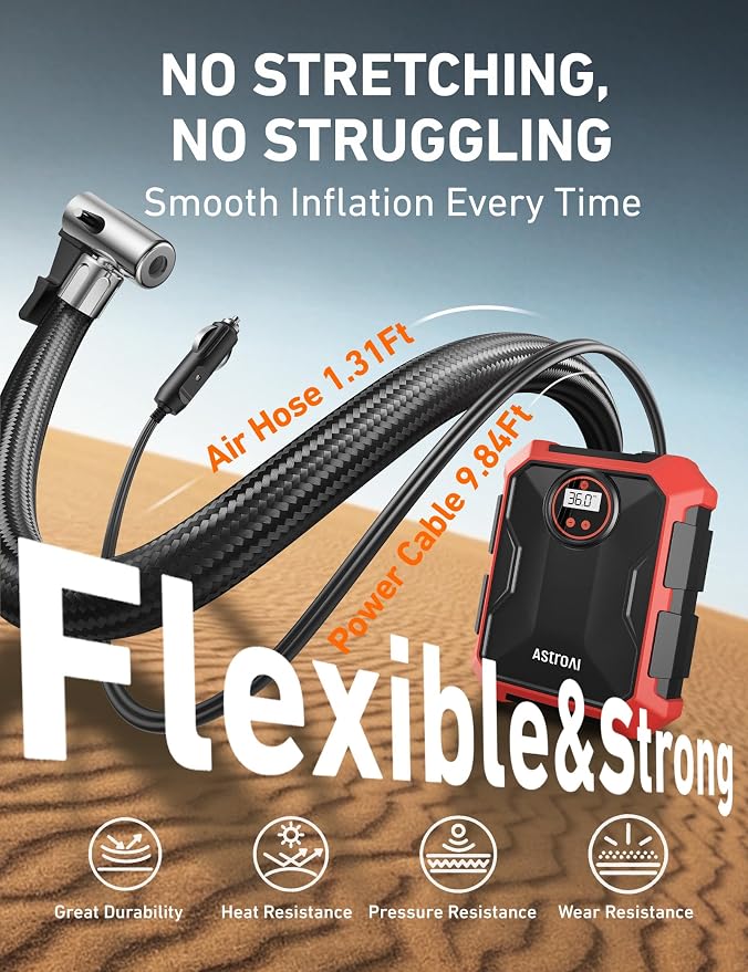 AstroAI Tire Inflator Portable Air Compressor 12V DC 100PSI, Integrated Storage, Digital Gauge, Auto Shut-Off Fast Inflation LED Light, Air Pump for Car Tires Bike Motorcycle Other Inflatables, Red