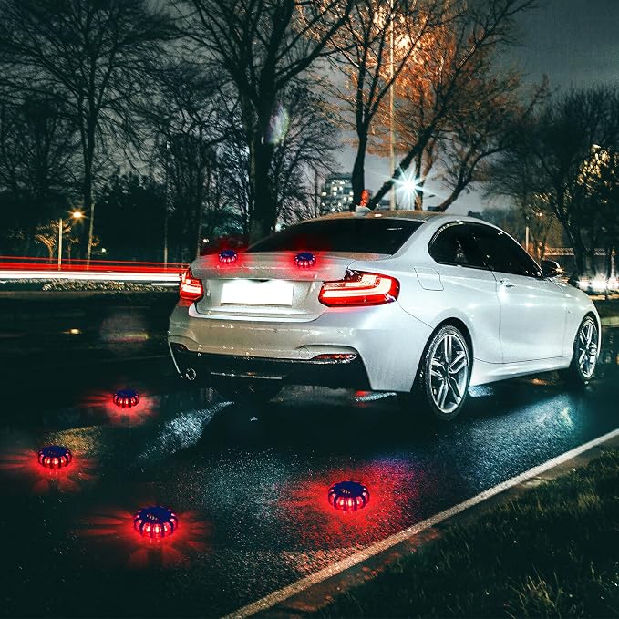 Tallew 4 Pack LED Road Flares Emergency Light Kit 9 Glow Modes Flashing Safety Warning Beacon Magnet Hook Vehicle Boat Truck Disc Magnetic Flash Cars Security Driveway Automotive Strobe (Blue)