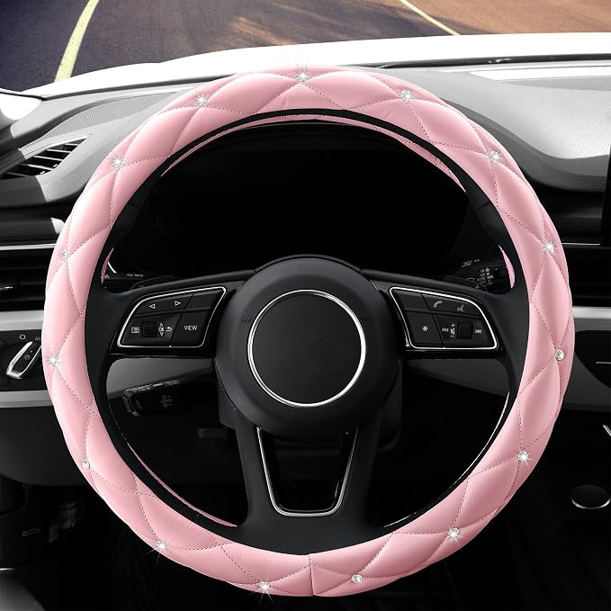 YOGURTCK Cute Diamond Soft Light Pink Leather Anti-Slip Steering Wheel Cover with Bling Bling Crystal Rhinestones, Universal 15 Inch for Women Girls, Fit Vehicles, Sedans, SUVs, Vans, Trucks