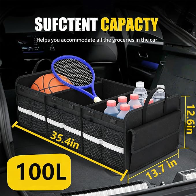 CloudDream Car Trunk Organizer, 100L Extra Large Capacity SUV Cargo Storage with 3 Compartments & 6 Pockets, Waterproof Collapsible Organizer for SUV, Truck, Minivan, Sedan, Auto Accessories