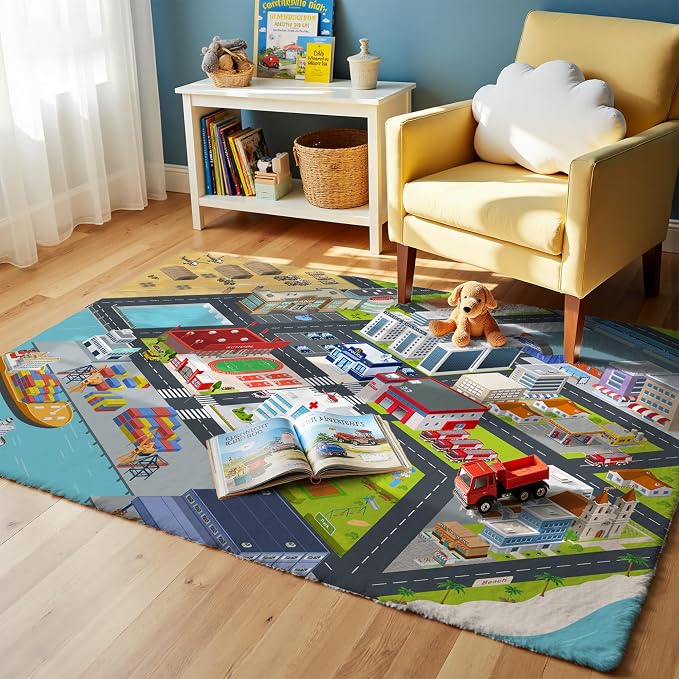 Nayoroom Kids Harbor City Road Rug, Faux Wool Car Map, Non-Slip, 5 x 7 ft | Harbor city road map; Waterfront scenes; Soft faux wool surface; Non-slip backing; Easy-care room accent