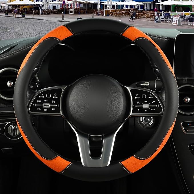 Black Orange Microfiber Leather Steering Wheel Cover 14 inch | Breathable Anti Slip Grip Cool Sporty Look Glow for Women Men