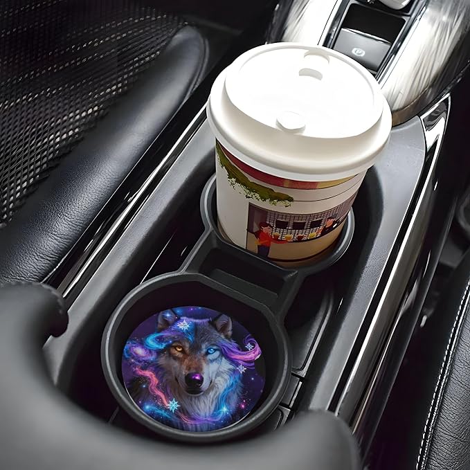 Galaxy Wolf Car Cup Holder Coasters 2 Pack 2.63" for Women | Universal Anti Slip Ceramic Absorbent Coaster with Cork Base and Finger Notch Cute Car Accessories Interior