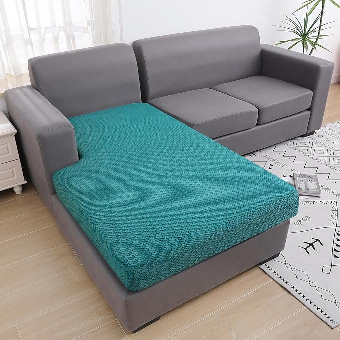 Smiry Waterproof Couch Cushion Covers, Stretch Jacquard Sectional Couch Covers, L Shape Chaise Lounge Sofa Slipcover, Washable Elastic Furniture Protector for Pets, Kid (Chaise Cover, Peacock Green)