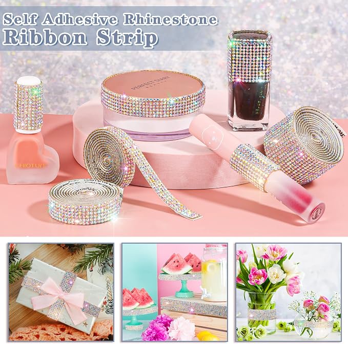 8 Rolls Rhinestone Ribbons,Cludoo 8 Yard Silver Self Adhesive Rhinestone Ribbon, Bling Crystal Diamond Ribbon Roll Wrap Glittering Rhinestones Sticker for Decoration Car DIY Arts Crafts Wedding
