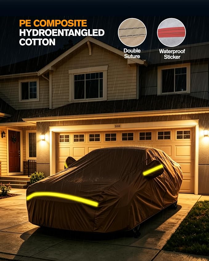 Car Cover Waterproof All Weather, 6 Layers Full Exterior Covers with Zipper Cotton, Mirror Pocket. Outdoor Car Cover UV Snow Rain Wind Dust All Weather Outdoor Protection for Sedan (190-195 inch)