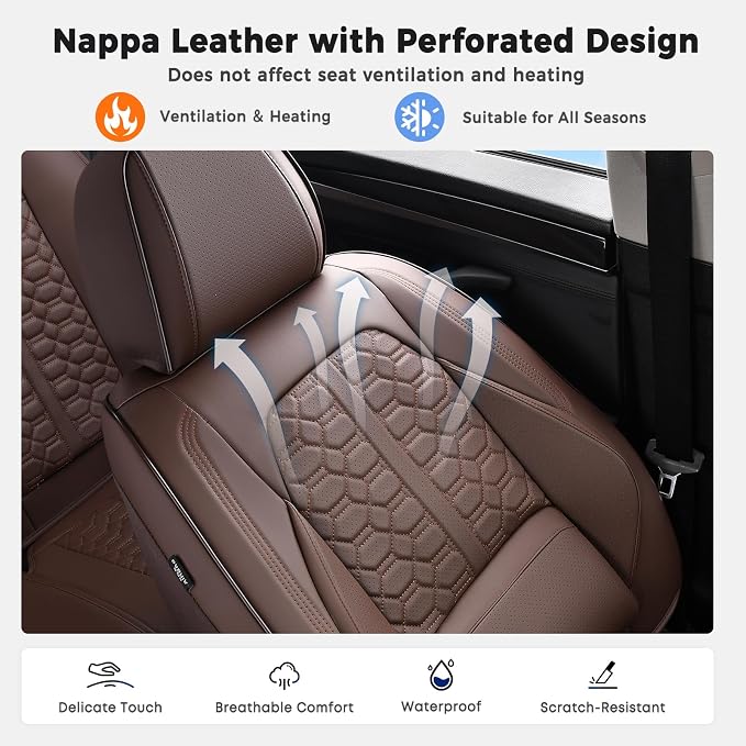 Huidasource Coffee Front Seat Covers, Automotive Car Seat Cover, 360° Full Wrap Leather Seat Cushion Covers Protector with Lumbar Support Fit for Most Cars SUV Trucks