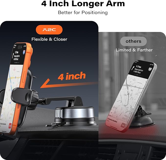 APPS2Car Car Phone Mount for Dashboard & Windshield, Strong Suction Cup Cell Phone Holder with One-Touch Release, 360°Rotation & Dual-Axis Arm, Hands-Free Car Phone Holder for iPhone, Samsung & More