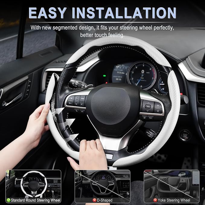 Amiss 3pcs Carbon Fiber Anti-Skid Steering Wheel Cover, Waterproof & Segmented Butterfly Design, Universal 99% Vehicle Wheel Cover Protector, Car Interior Accessories (White-3pcs)