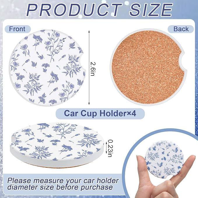 Boao 4 Pcs Vintage Blue Flower Car Cupholder Coasters for Valentine's Day, Ceramic Coasters 2.56'' Anti Slip Base with Finger Notch for Dry Clean, Car Interior Accessories, Birthday Gifts