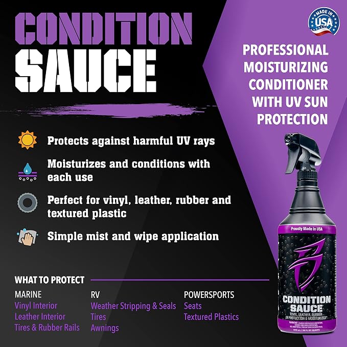 Bling Sauce Boat Essentials Cleaning & Detailing Kit, 4-Pack, 20 oz Each | Four marine care sprays tackle hard water spots, vinyl, interiors and fast wax shine in one compact detailing bundle