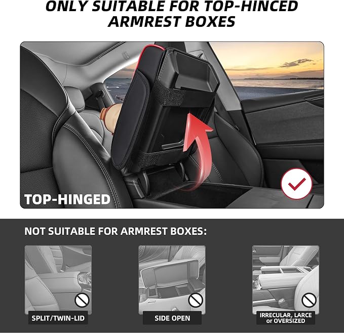 5 in 1 Nappa Leather Console Armrest Cover, Black Red Stitch | Built-in cup holder, tissue slot, phone holder & 2 storage pockets, practical car accessories fit SUV sedan truck