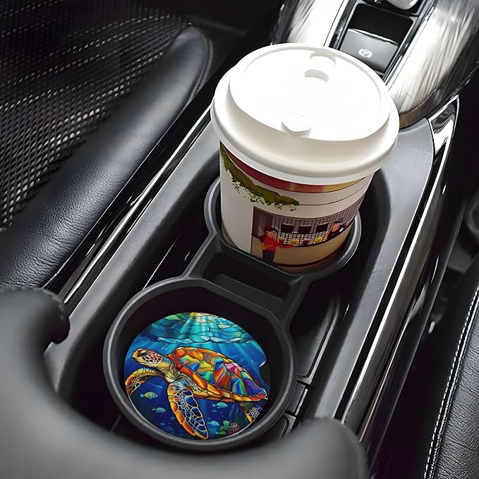 Sea Turtle Ocean Car Cup Holder Coasters 2 Pack 2.63" for Women | Stained Glass Universal Anti Slip Ceramic Absorbent Coaster with Cork Base and Finger Notch Cute Car Accessories Interior