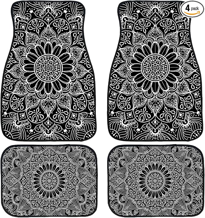 Mandala Car Floor Mats Set of 4 Black White Floral Boho Pattern Art Decorative Car Floor Carpets Front Rear Carpets Mat Non-Slip Auto Car Accessories Universal Fit Car Accessories for Truck