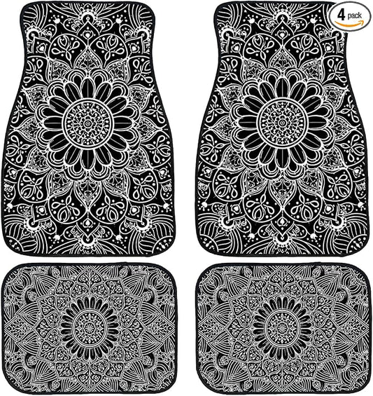 Mandala Car Floor Mats Set of 4 Black White Floral Boho Pattern Art Decorative Car Floor Carpets Front Rear Carpets Mat Non-Slip Auto Car Accessories Universal Fit Car Accessories for Truck