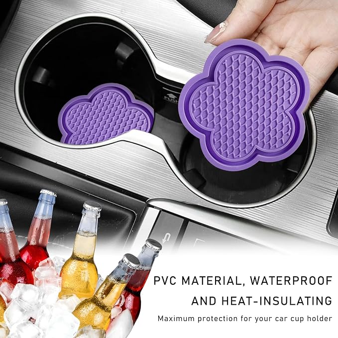 DXNQ 2 PCS Car Cup Coasters, Cute Flower Shaped Car Cup Holder Mat, PVC Waterproof Anti Slip Vehicle Cup Holder Insert Coaster, Universal Car Interior Decor Accessories (Purple)