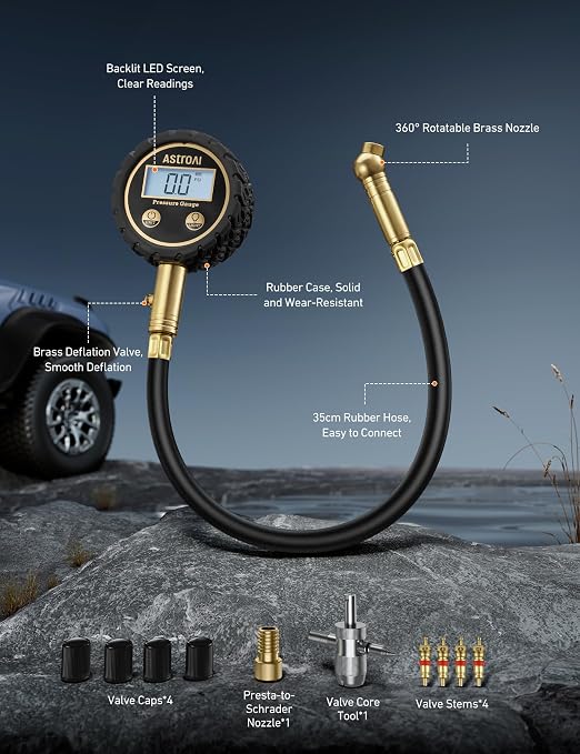 AstroAI Tire Pressure Gauge for Cars with Backlit LED, Solid Brass with Rubber Hose, Air Bleeder Valve, ANSI B40.7 Grade 2A(±0.5%), 3-250PSI