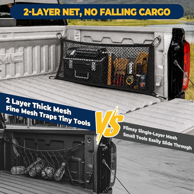 Side Cargo Net for GMC Sierra, Chevy Silverado, Dodge RAM 1500 2019-2026 | Heavy Duty Mesh Tailgate Net for Tools,Groceries,Keeping Truck Beds Tidy. Firm Grip Prevents Cargo From Sliding While Driving