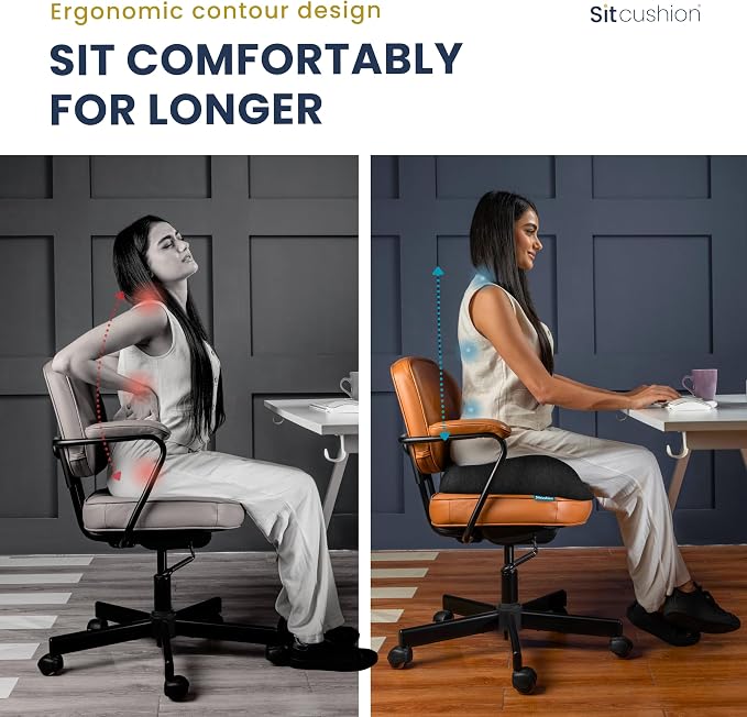 SitCushion Ergonomic Seat Cushion for Sciatica & Tailbone Pain Relief – Extra Large Memory Foam Office Chair Cushion for Long Sitting, Orthopedic Coccyx Cushion for Desk Chair, Car & Wheelchair(Black)
