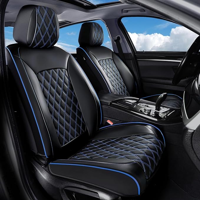 Huidasource Seat Covers Full Set, Seat Covers Nappa Leather Universal Fit for Most Cars, Vans, Trucks, SUVs, Compatible with Airbags, Blue Car Seat Covers Velcro Adjustable (Full Set/Black&Blue)