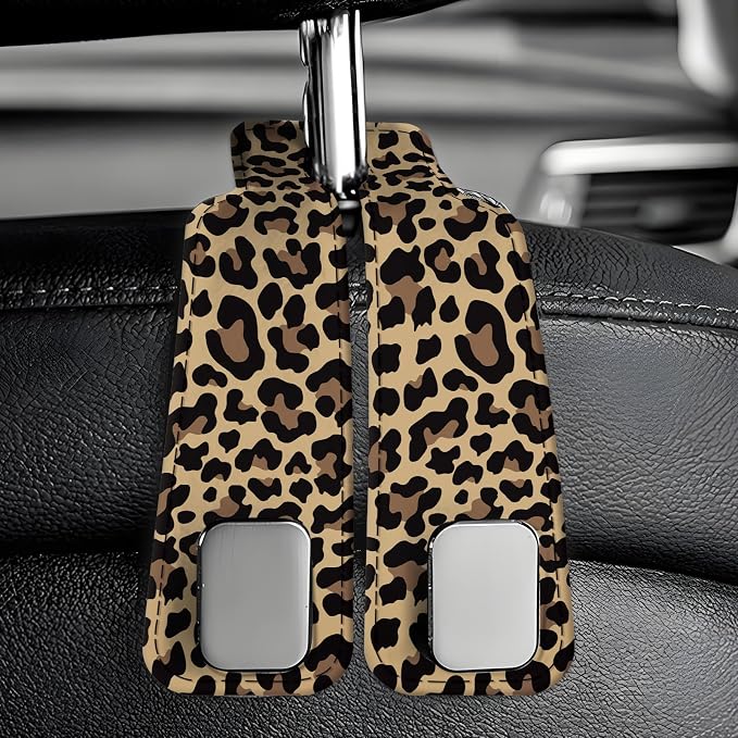 Car Seat Back Storage Headrest Hook, Premium Leather Double Metal Hook, Hanger Storage Organizer for Purse Cloth Bag, Car Interior Accessories Luxury Brown Leopard