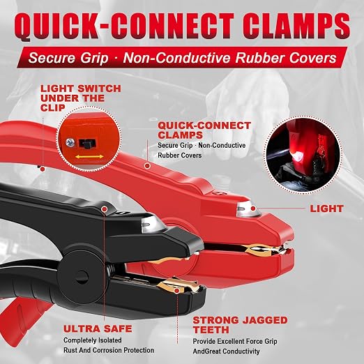 Heavy Duty Jumper Cables,6 Gauge 16 Feet Booster Battery Cable,Automotive Wires with LED Light,Alligator Clips,Carrying Bag,Safety Gloves and Iron Brush for Cars Truck