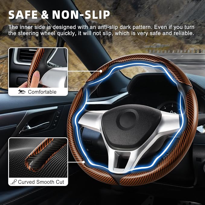 Amiss 3pcs Carbon Fiber Anti-Skid Steering Wheel Cover, Waterproof Design, Universal Fit for 14-16 Inch Car Wheel Cover, Interior Car Accessories for Jeeps, SUVs, Trucks (Glossy Brown)