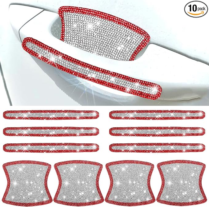 BetterJonny 10PCS Crystal Car Door Handle Scratch Protector, Rhinestone Bling Stickers for Women and Girls (Red+White)