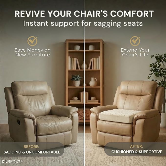 Soft 20x20x5 Memory Foam Recliner Chair Seat Cushion for Long Sitting - Armchair Pad with Washable Velvety Cover & Non-Slip Base for Seniors & Elderly - Cream
