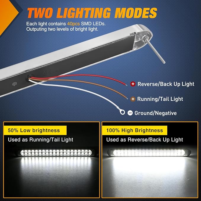 Nilight LED Tail Light 2PCS 17" 40LED White Running Tail Reverse Lights | W/ Chrome Bezel Waterproof Surface Mount For 12V Towing Trailer Truck RV Camper Boat Identification