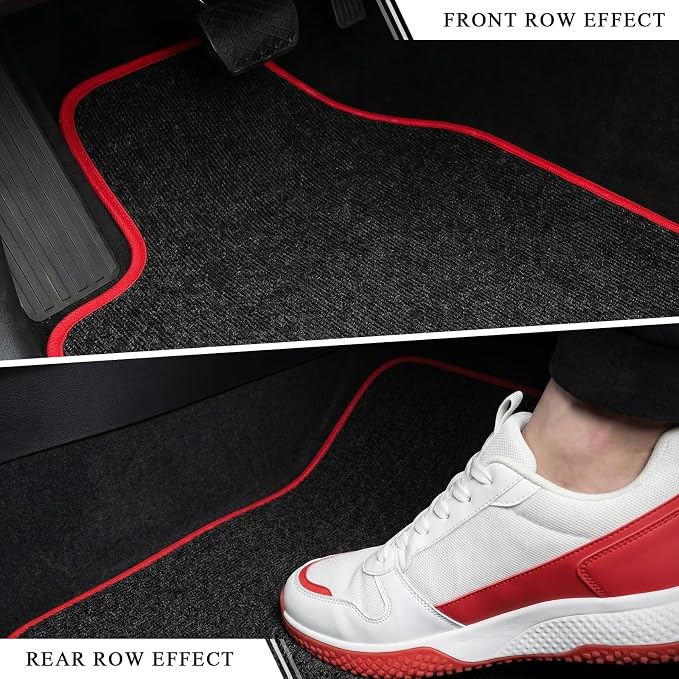 4PCS Car Floor Mats, Anti-Slip Waterproof Car Carpets with Safety Heel Pad, Heavy Duty Floor Mat for All Weather Protection, Universal Trim to Fit for Sedans Trucks SUVs (Black & Red)