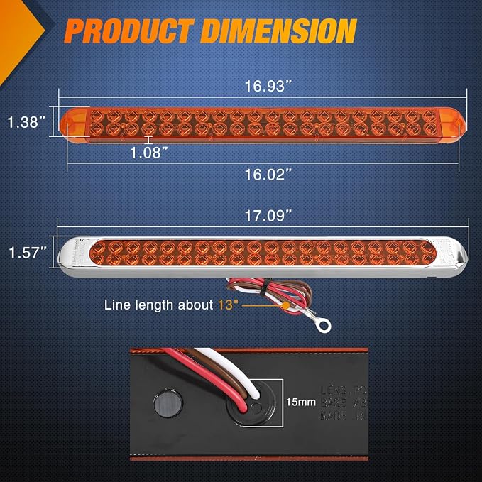 Nilight LED Tail Light 2PCS 17" 40LED Amber Running Tail Turn Signal Lights | W/ Chrome Bezel Waterproof Surface Mount For 12V Towing Trailer Truck RV Camper Boat Identification