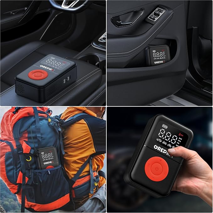 GREPRO Tire Inflator Portable Air Compressor, 160 PSI Portable Air Pump with Digital Pressure Gauge, LED Light, and Multiple Adapters for Car, Motorcycle, Bicycle, and Other Inflatables