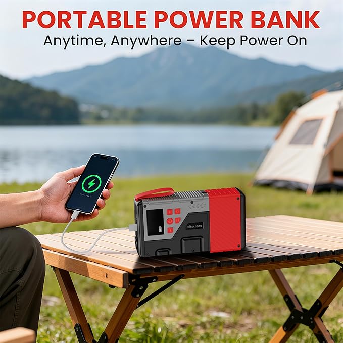 Portable Car Jump Starter with Air Compressor for Emergencies, | 3000A Peak and 150 PSI Max,for 12L Gas & 10L Diesel Engines,LCD Display,LED Light