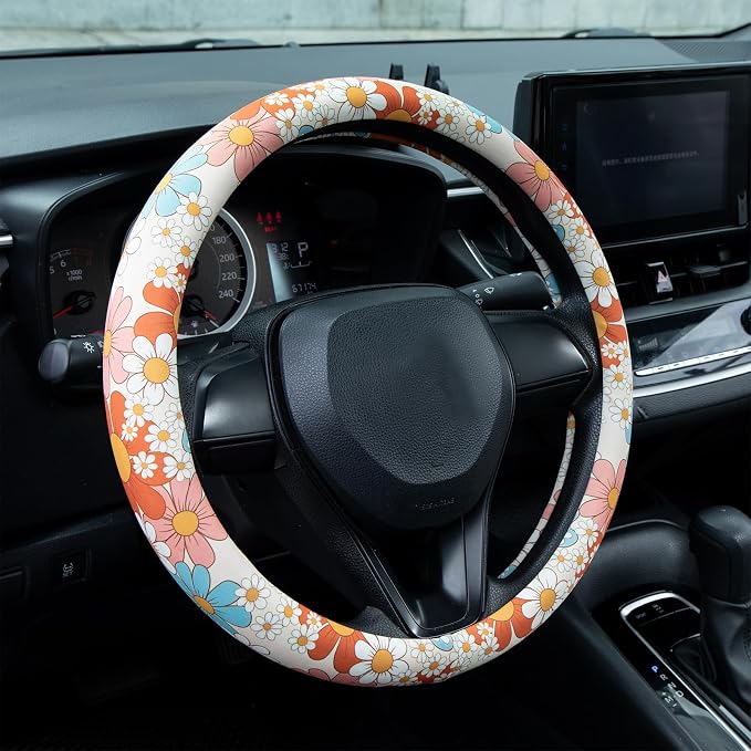 Boho 7 Color Flowers Steering Wheel Cover Auto Steering Wheel Protector, Anti-Slip, Breathable, Absorbing Sweat, Universal Car Accessories 14.5–15 inch,Fit for Most Car, Trucks, SUV