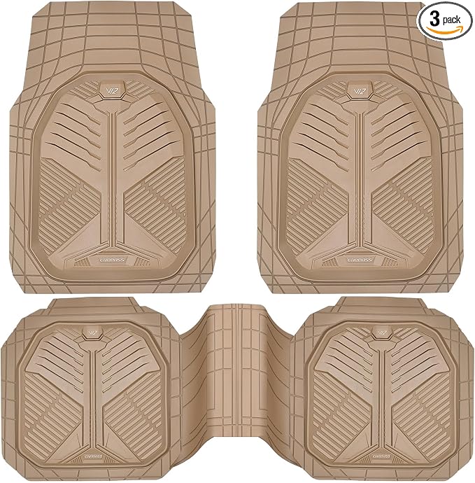 CAR PASS Heavy Duty Rubber Car Mats, Deep Dish Car Floor Mats Full Set, Universal All Weather Automotive Mats 3 Pieces Trim to Fit for Sedans SUVs Trucks, Waterproof Anti-Slip Floor Mats, Full Beige