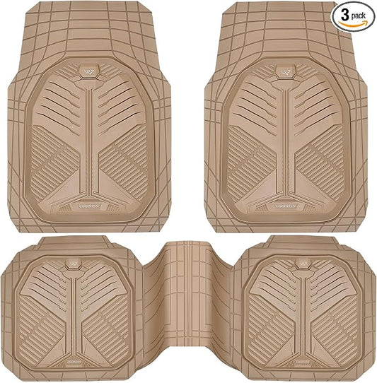 CAR PASS Heavy Duty Rubber Car Mats, Deep Dish Car Floor Mats Full Set, Universal All Weather Automotive Mats 3 Pieces Trim to Fit for Sedans SUVs Trucks, Waterproof Anti-Slip Floor Mats, Full Beige