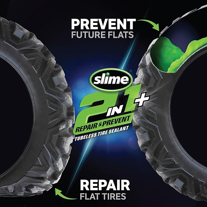 Slime 60199 2-in-1 Repair & Prevent Tubeless Tire Sealant, Instant Flat Tire Fix, Seals up to 1/4" Punctures Without Valve Core Removal, for Tractors, UTVs, Trailers & More, 12 Fl Oz