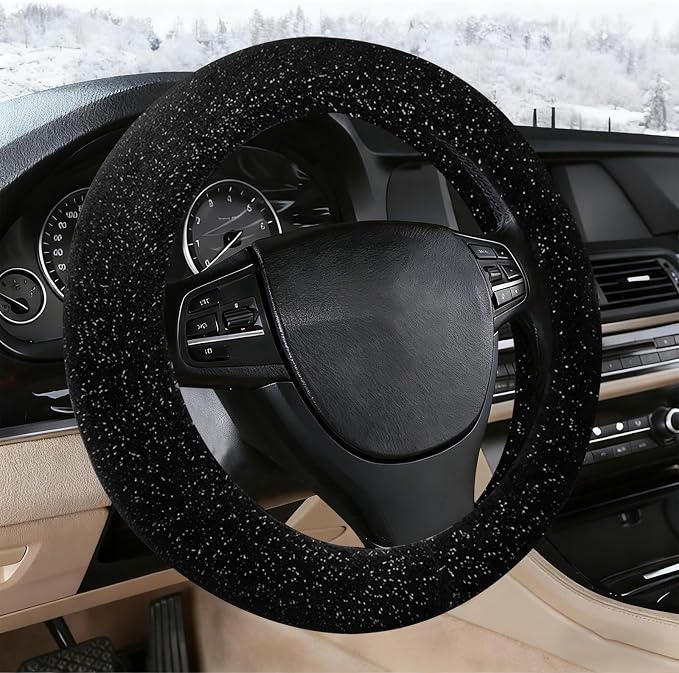 Black Bling Starry Sky Furry Steering Wheel Cover, Universal 14.5-15 Inch Winter Plush Warm Steering Wheel Cover, Soft Fluffy, Anti-Slip Design, Soft Texture