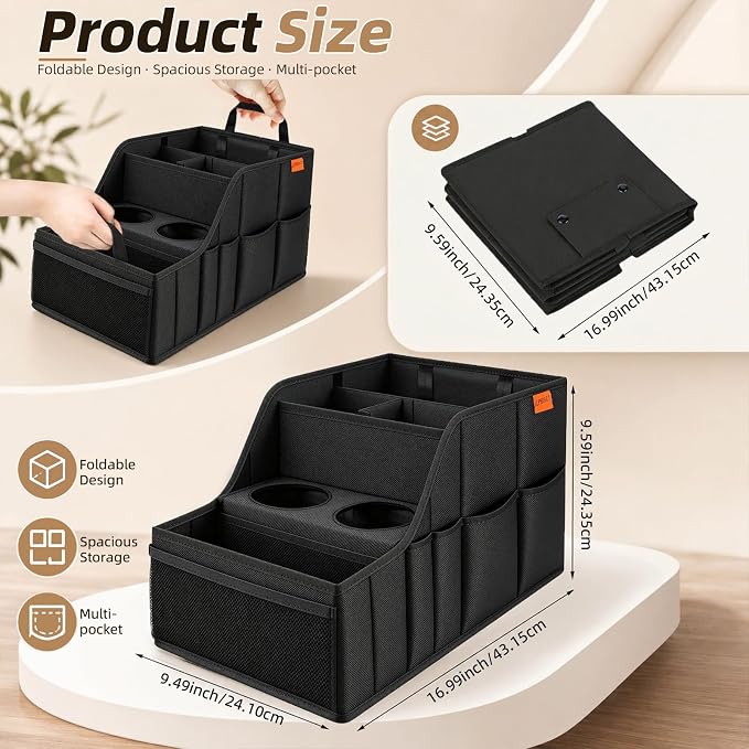 Car Seat Organizer Back Front Captains Seats Storage Travel | Car Organizer, Back Seat Car Organizer, Car Seat Organizer Front Seat – 9 Compartments, 2 Cup Holders – Foldable, Black