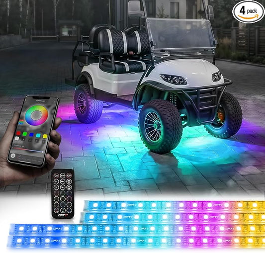 OPT7 12V Aura DreamColor Golf Cart Underglow LED Light Kit with App & Remote, 4PC Waterproof Multicolor Light Strips, Music Neon Accent Chasing Lighting for EZGO Yamaha Club Car, Outdoor Gifts