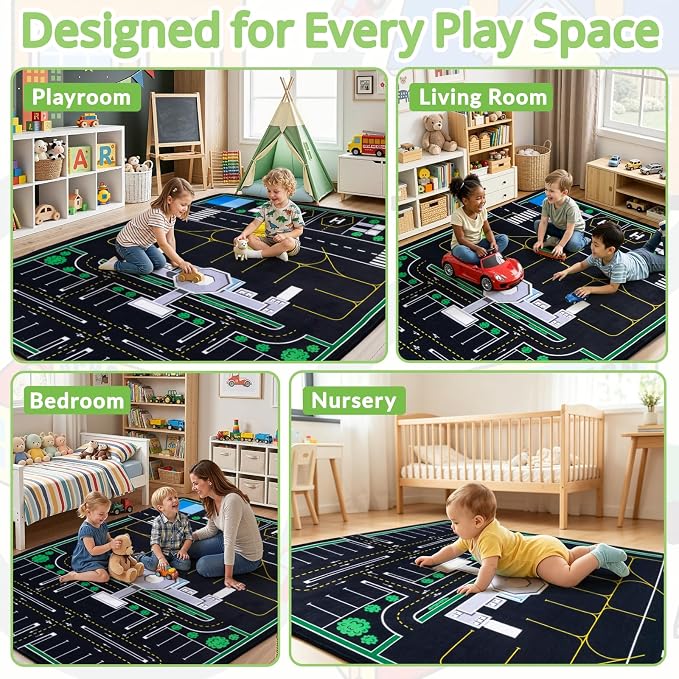 Kids Airport Rug,3 x 5 Ft City Road Play Rug | Extra Thick 0.4 in Soft Non-Slip Car Carpet Play Rug with Realistic Airport Roads for Toy Cars, Bedroom & Playroom