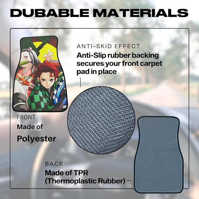 Anime Car Carpet Mat Set of 2 Front, Tanjirs Nezka Design Automotive Accessories Interior All Weather Floor Mats Decor with Non Slip Black Anti Skid Backing