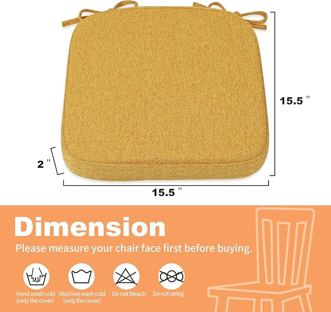 SINOSSO Memory Foam Chair Cushions for Folding Chairs 4 Pack, Thickened 2" Square Pads with Ties for Kitchen Chairs, Indoor Non-Slip Dining Chair Seat Cushions (Set of 4, Yellow)