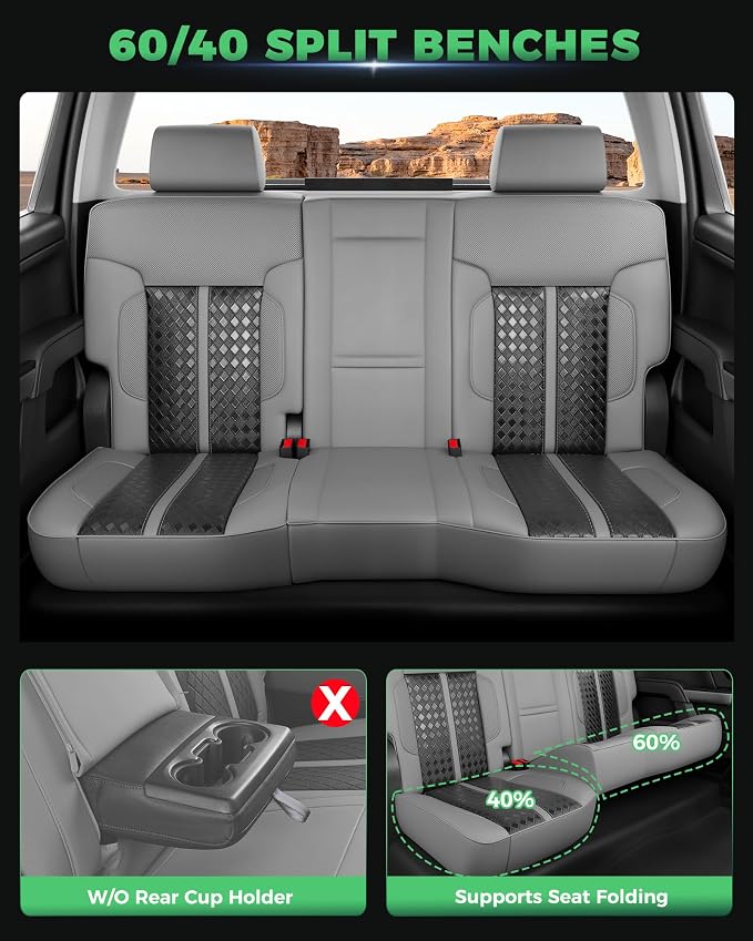 Custom Leather Seat Covers for 2014-2018 Sierra/Silverado 1500 | Only Crew Cab, Fits 2500/3500HD 2015-2020, no Rear Armrest/Seatback Storage, Waterproof, Scratch-resistant, Easy-clean