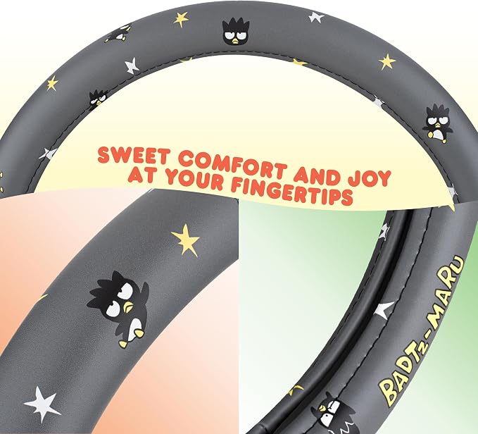 Sanrio Badtz-Maru Steering Wheel Cover for Car, SUV, Truck - Charcoal | Universal Fit Cute Car Accessories for Women, Official Licensed Car Decor, Fits 14.5"-15" Wheels, Soft Grip Cover Protector