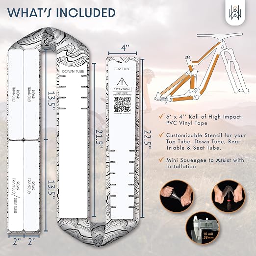 Bike Frame Protection Tape- High Impact Clear Vinyl Wrap Includes Tool (4”x72) Bicycle Frame Protector, Mountain Bike Frame Guard Chainstay Protector (Topographic Marble)