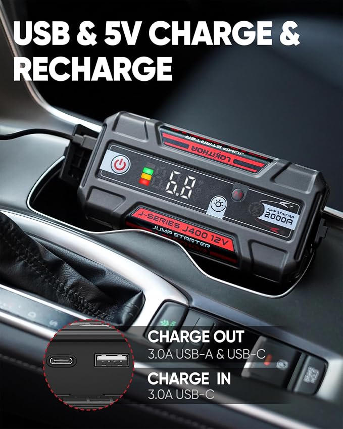 LOKITHOR J400 Jump Starter - 12V 2000A Lithium Battery Jump Pack, Portable Jump Box, Car Starter, Jumper Cables - for Up to 8.0L Gas & 6.0L Diesel Engines | ConnectMax Tech - Smart Digital Display