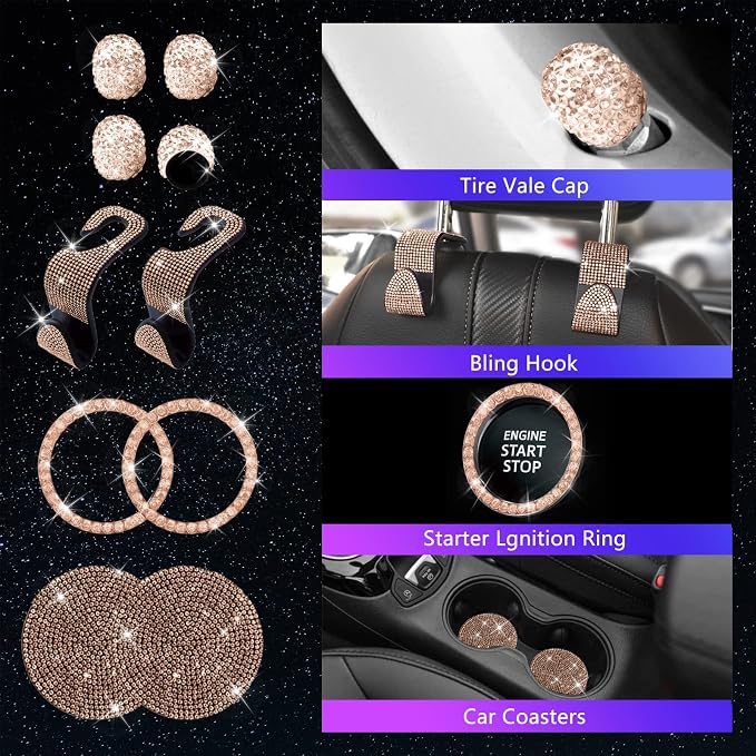 25PCS Bling Car Car Accessories Set,15 Inch Steering Wheel Cover,Shiny License Plate Frame,Center Console Cover and Rearview Mirror Set and Other Car Accessories(Champ)